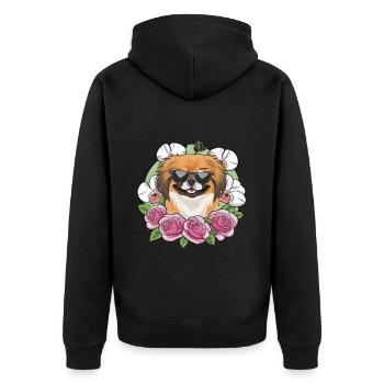 Cartoon Pekinese mit Orchideen und Rosen - Unisex Premium Bio Zip Hoodie - Schwarz - Hinten - Nico (187cm)