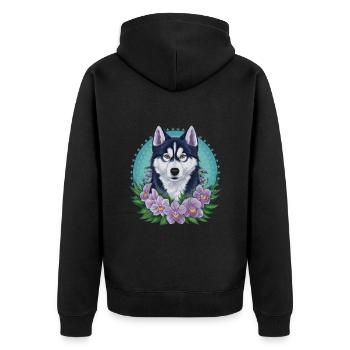 Cute cartoon husky with pretty orchids - Unisex Premium Organic Zip Hoodie - black - Back - Nico (187cm)