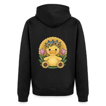 Kawaii Ente mit Krone, Tulpen und Sonnenblumen - Unisex Premium Bio Zip Hoodie - Schwarz - Hinten - Nico (187cm)