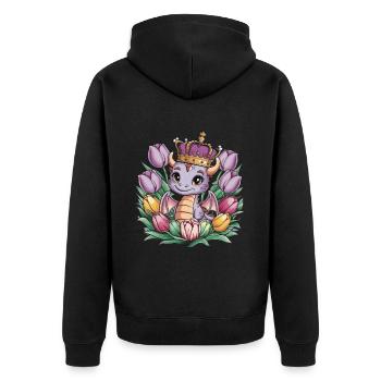 Drache mit Krone und farbenfrohen Tulpen - Unisex Premium Bio Zip Hoodie - Schwarz - Hinten - Nico (187cm)