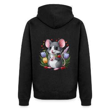 Mouse with cherries and magnificent tulips - Unisex Premium Organic Zip Hoodie - black - Back - Nico (187cm)