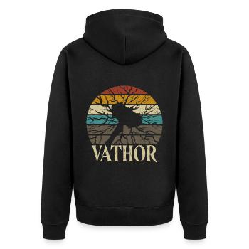 Fathor Vathor Vater Thor Hammer Vatertag Geschenk - Unisex Premium Bio Zip Hoodie - Schwarz - Hinten - Nico (187cm)