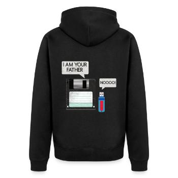 Floppy Diskette USB Stick Vater& Sohn Retro Outfit - Unisex Premium Bio Zip Hoodie - Schwarz - Hinten - Nico (187cm)