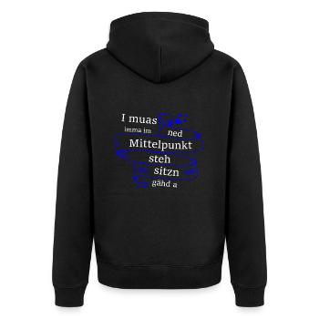 Im Mittelpunkt stehn - bayerischer Spruch - Unisex Premium Bio Zip Hoodie - Schwarz - Hinten - Nico (187cm)