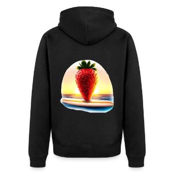 Surfende Erdbeere im Sonnenuntergang - Unisex Premium Bio Zip Hoodie - Schwarz - Hinten - Nico (187cm)