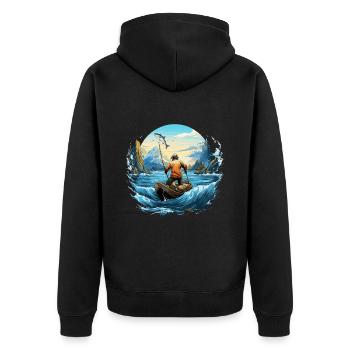 Angeln Angler Boot Wasser Fisch Natur Berge - Unisex Premium Bio Zip Hoodie - Schwarz - Hinten - Nico (187cm)