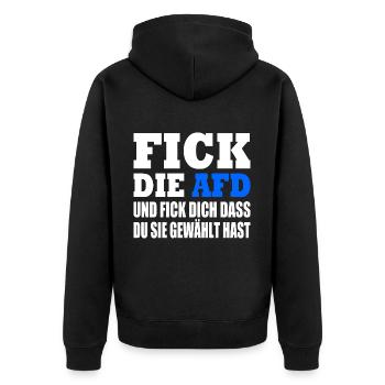 fick die afd und fick dich dass du sie gewählt has - Unisex Premium Bio Zip Hoodie - Schwarz - Hinten - Nico (187cm)