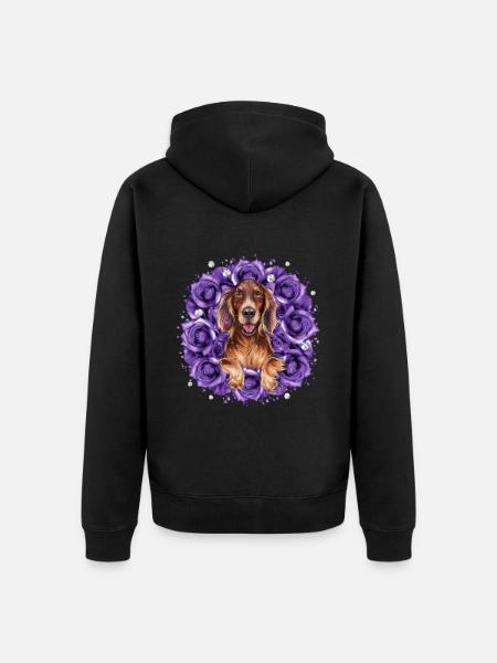 Cartoon Irish Setter with Roses - Unisex Premium Organic Zip Hoodie - black