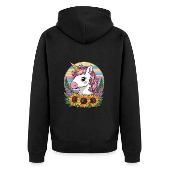 Kawaii Einhorn mit Sonnenblumen und Flieder - Unisex Premium Bio Zip Hoodie - Schwarz - Hinten - Nico (187cm)