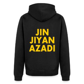 jin jiyan azadi - Unisex Premium Bio Zip Hoodie - Schwarz - Hinten - Nico (187cm)
