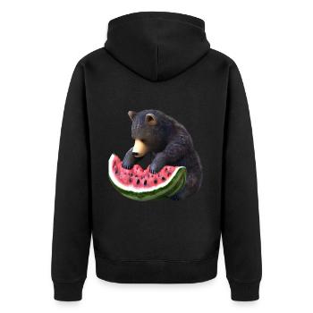 Bär mit Wassermelone - Unisex Premium Bio Zip Hoodie - Schwarz - Hinten - Nico (187cm)