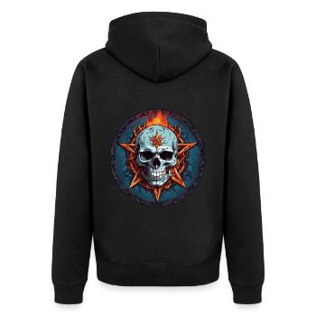 Schädel und Pentagramm Flammen im Kreis - Unisex Premium Bio Zip Hoodie - Schwarz - Hinten - Nico (187cm)