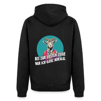Bis zur ersten Ziege war ich ganz normal - Unisex Premium Bio Zip Hoodie - Schwarz - Hinten - Nico (187cm)