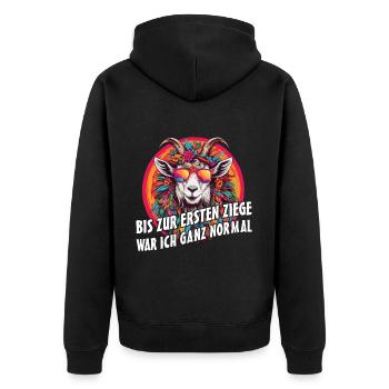 Bis zur ersten Ziege war ich ganz normal - Unisex Premium Bio Zip Hoodie - Schwarz - Hinten - Nico (187cm)