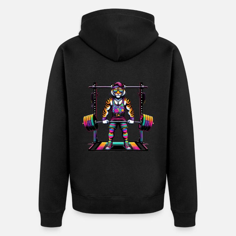 Muscular Rainbow Tiger Deadlifting - Unisex Premium Bio Zip Hoodie - Schwarz