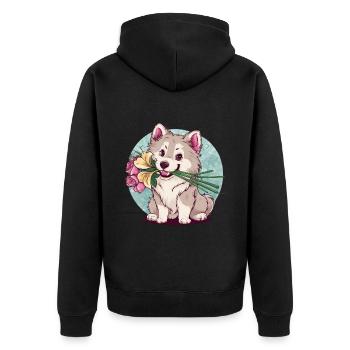 Süßer Samojede Spitz mit Rosen und Lillien - Unisex Premium Bio Zip Hoodie - Schwarz - Hinten - Nico (187cm)