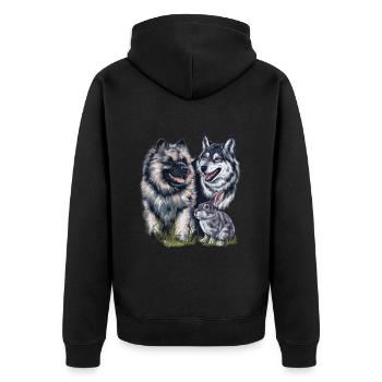 Wolfsspitz mit Wolf und Hase - Unisex Premium Bio Zip Hoodie - Schwarz - Hinten - Nico (187cm)