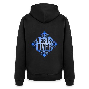 Jesus-Lives, Jesus Christus Spruch, Christlich - Unisex Premium Bio Zip Hoodie - Schwarz - Hinten - Nico (187cm)