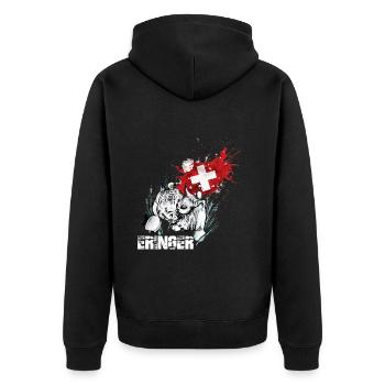 Eringer, Eringerkuh mit Schweizer Flagge - Unisex Premium Bio Zip Hoodie - Schwarz - Hinten - Nico (187cm)