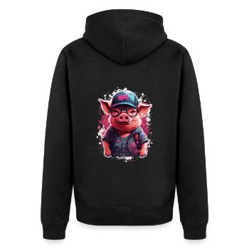 Pig Culting Cute in Baseball Cap and Sunglasses - Unisex Premium Organic Zip Hoodie - black - Back - Nico (187cm)