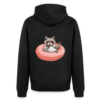 Waschbär mit Sonnebrille um pinken Schwimmreifen - Unisex Premium Bio Zip Hoodie - Schwarz - Hinten - Nico (187cm)