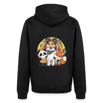 Sheltie (Shetland Sheepdog), Panda und Fuchs - Unisex Premium Bio Zip Hoodie - Schwarz - Hinten - Nico (187cm)
