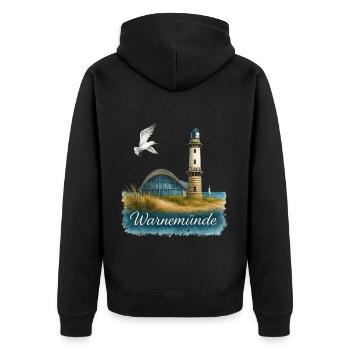 Warnemünde Teepot and Lighthouse with Seagull - Unisex Premium Organic Zip Hoodie - black - Back - Nico (187cm)