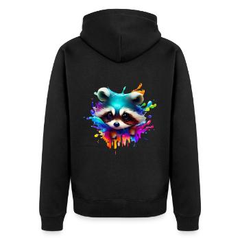 Bunter Waschbär mit Farbklecksen - Unisex Premium Bio Zip Hoodie - Schwarz - Hinten - Nico (187cm)
