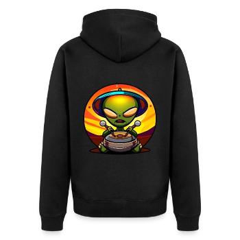 Alien Handpan Spieler - Unisex Premium Bio Zip Hoodie - Schwarz - Hinten - Nico (187cm)