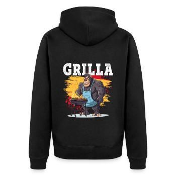 Grillen Grilla Griller Gorilla BBQ Spruch Lustig - Unisex Premium Bio Zip Hoodie - Schwarz - Hinten - Nico (187cm)