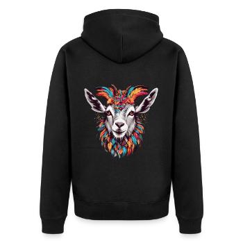 Bunte mit Federn geschmückte Ziege Ziegenbock - Unisex Premium Bio Zip Hoodie - Schwarz - Hinten - Nico (187cm)