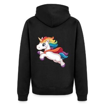 Lustiges Einhorn als Held für einen Superheld - Unisex Premium Bio Zip Hoodie - Schwarz - Hinten - Nico (187cm)
