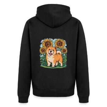 Cartoon Chow Chow mit sommerlichen Sonnenblumen - Unisex Premium Bio Zip Hoodie - Schwarz - Hinten - Nico (187cm)