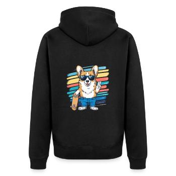 Moderner und cooler Corgi mit Sonnenbrille - Unisex Premium Bio Zip Hoodie - Schwarz - Hinten - Nico (187cm)