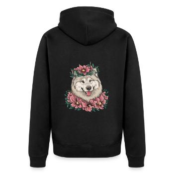 Samojede Spitz im Cartoonstil mit schönen Blumen - Unisex Premium Bio Zip Hoodie - Schwarz - Hinten - Nico (187cm)