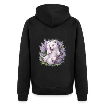 Spitz Samoyède doux avec un beau lilas - Veste à capuche bio Premium Unisexe - noir - Dos - Nico (187cm)