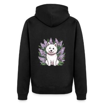 Spitz Samoyède doux avec un beau lilas - Veste à capuche bio Premium Unisexe - noir - Dos - Nico (187cm)