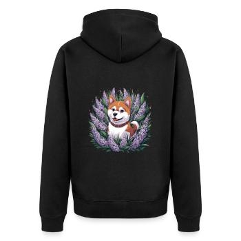Akita Inu mit Flieder im Cartoonstil - Unisex Premium Bio Zip Hoodie - Schwarz - Hinten - Nico (187cm)