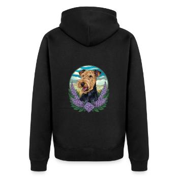 Cute Airedale Terrier with lilac - Unisex Premium Organic Zip Hoodie - black - Back - Nico (187cm)
