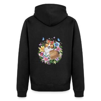 Sheltie mit Orchideen, Lillien und Schmetterlingen - Unisex Premium Bio Zip Hoodie - Schwarz - Hinten - Nico (187cm)