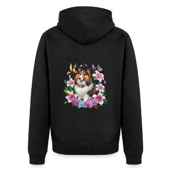 Sheltie mit Orchideen, Lillien und Schmetterlingen - Unisex Premium Bio Zip Hoodie - Schwarz - Hinten - Nico (187cm)