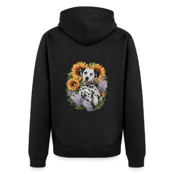 Süßer Dalmatiner mit Sonnenblumen und Flieder - Unisex Premium Bio Zip Hoodie - Schwarz - Hinten - Nico (187cm)