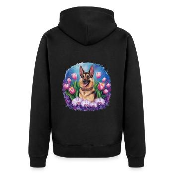 Cartoon Deutscher Schäferhund mit Orchideen - Unisex Premium Bio Zip Hoodie - Schwarz - Hinten - Nico (187cm)
