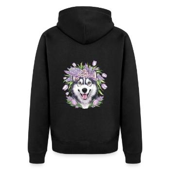 Dessin animé Husky avec des tulipes, lilas pour les fans de husky - Veste à capuche bio Premium Unisexe - noir - Dos - Nico (187cm)