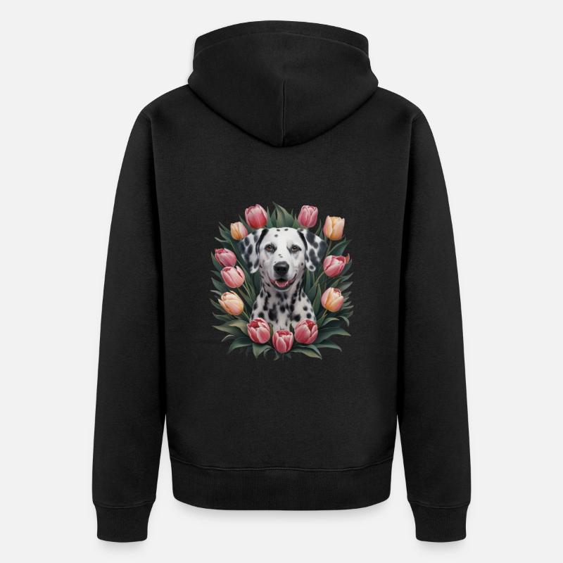 Dalmatien mignon avec des tulipes - Veste à capuche bio Premium Unisexe - noir