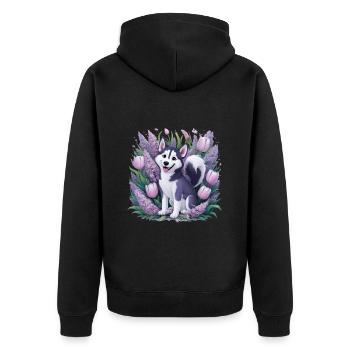 Dessin animé Husky avec des tulipes, lilas pour les fans de husky - Veste à capuche bio Premium Unisexe - noir - Dos - Nico (187cm)