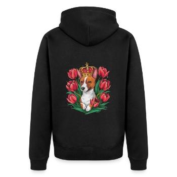 Cartoon Basenji Dog with Crown and Tulips - Unisex Premium Organic Zip Hoodie - black - Back - Nico (187cm)