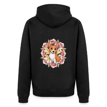 Basenji Hund mit Rosen und Lillien - Unisex Premium Bio Zip Hoodie - Schwarz - Hinten - Nico (187cm)