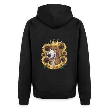 Irischer Wolfshund, Krone und Sonnenblumen - Unisex Premium Bio Zip Hoodie - Schwarz - Hinten - Nico (187cm)