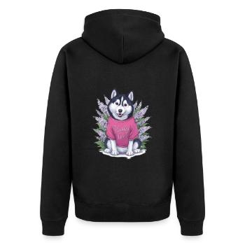 Cute cartoon husky with lilac - Unisex Premium Organic Zip Hoodie - black - Back - Nico (187cm)